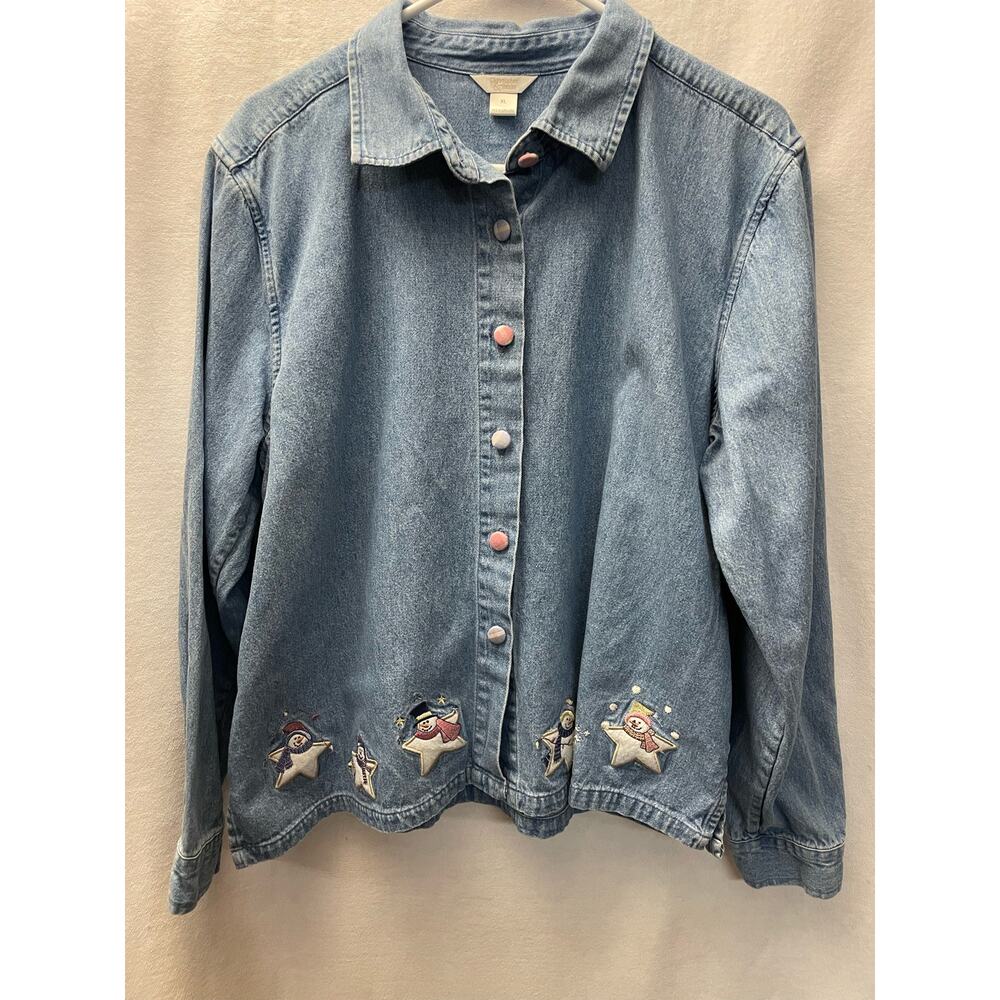 Vintage Christopher & Banks LS shirt blue denim XL button down snowmen women‎
